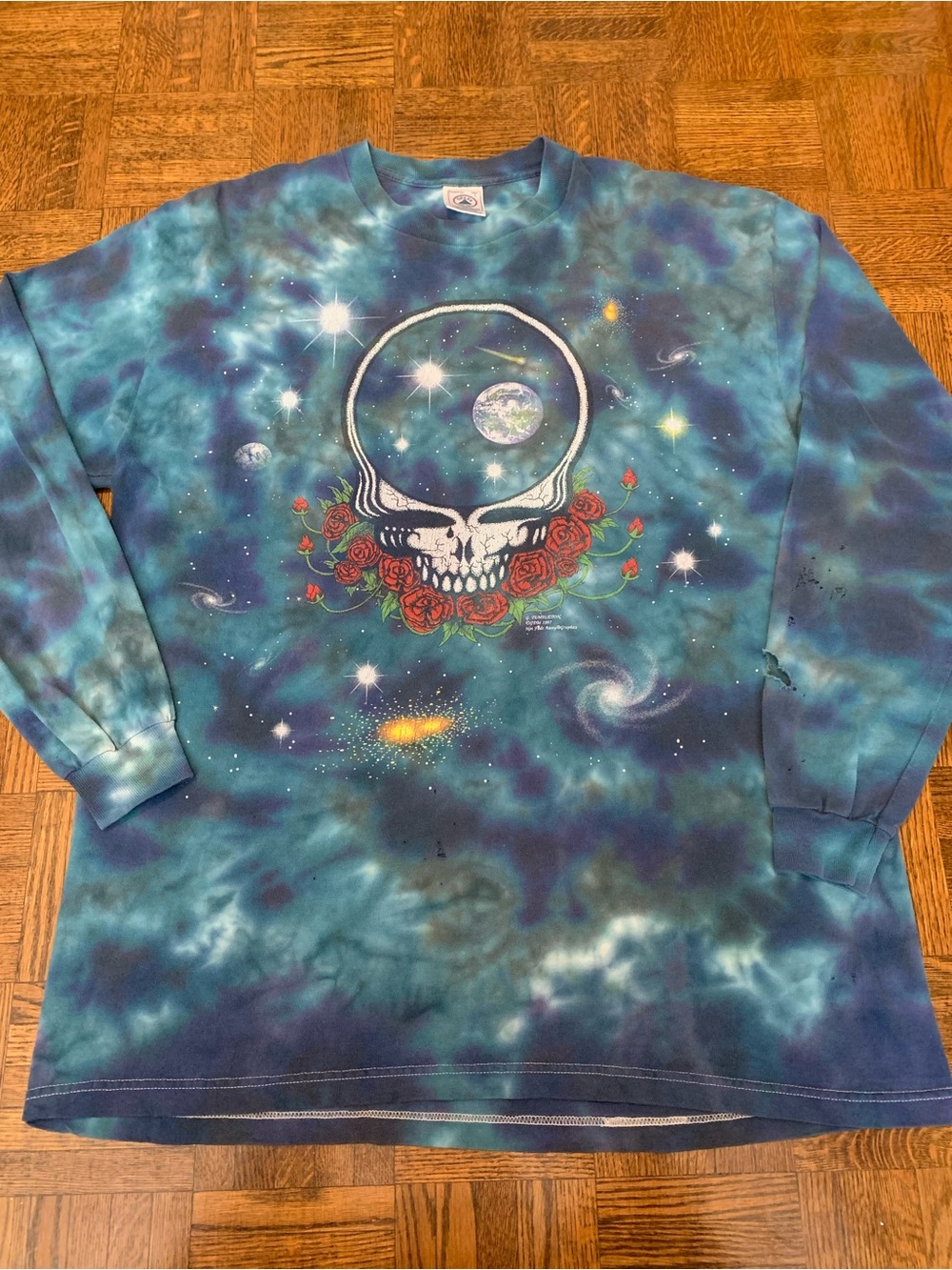 Delta Men’s Crewneck Tie-Dye Sweatshirt with Skull & Roses - Blue Green